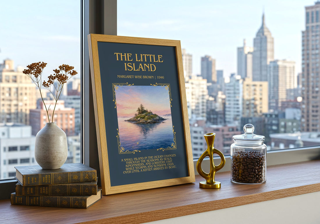 The Little Island Minimalist Book Poster by Margaret Wise Brown – framed print on a city-view windowsill