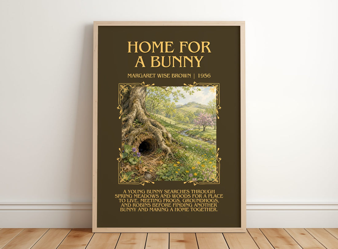 Home For A Bunny Minimalist Book Poster by Margaret Wise Brown – framed print leaning on a wooden floor