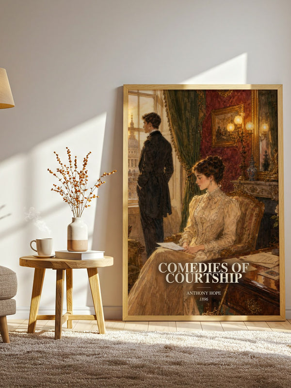 Comedies Of Courtship watercolour print in frame leaning in hallway – romance wall art