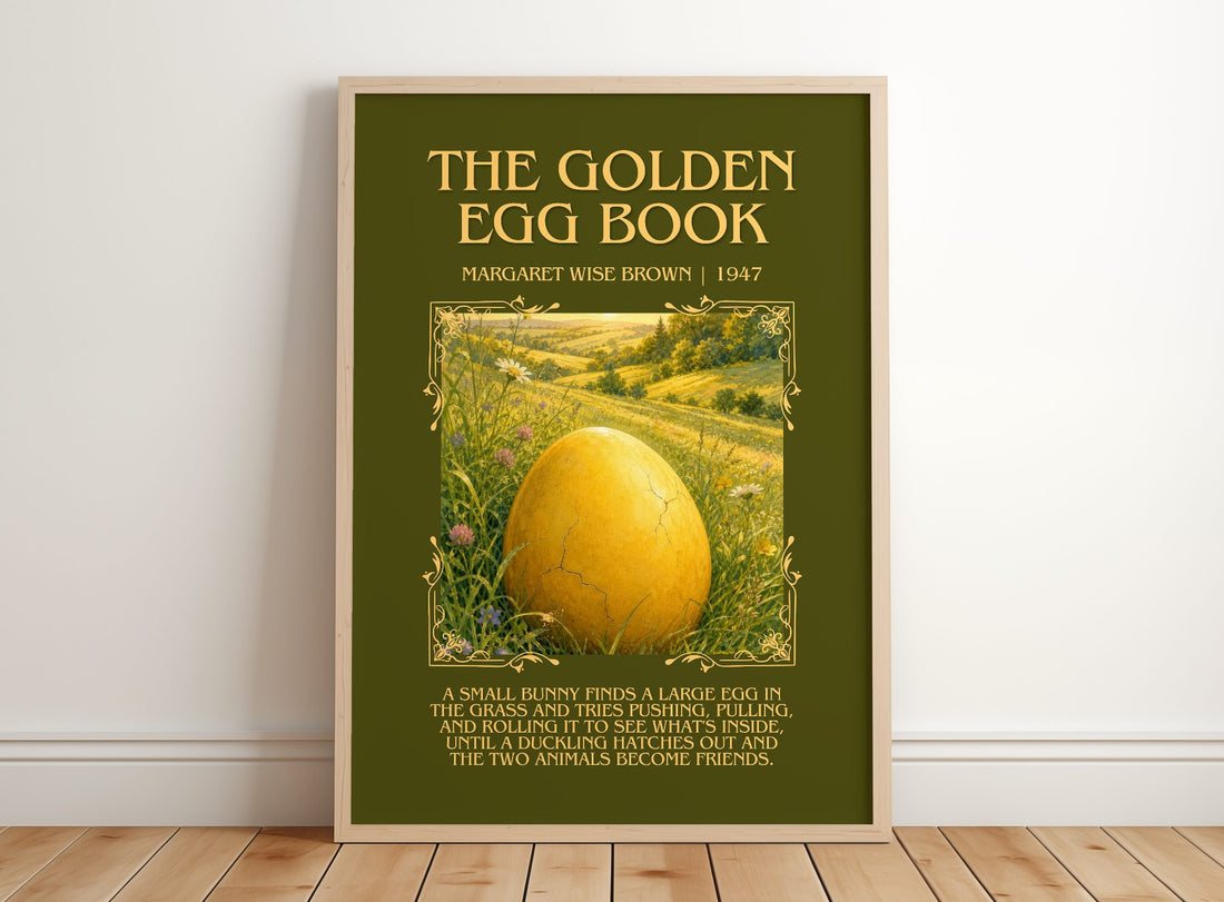 The Golden Egg Book Minimalist Book Poster by Margaret Wise Brown – framed print leaning on a wooden floor