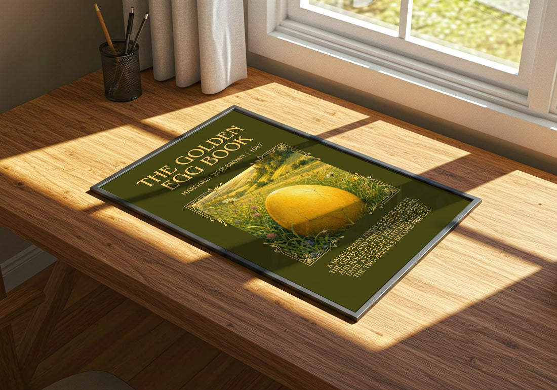 The Golden Egg Book Minimalist Book Poster by Margaret Wise Brown – print on a sunlit desk