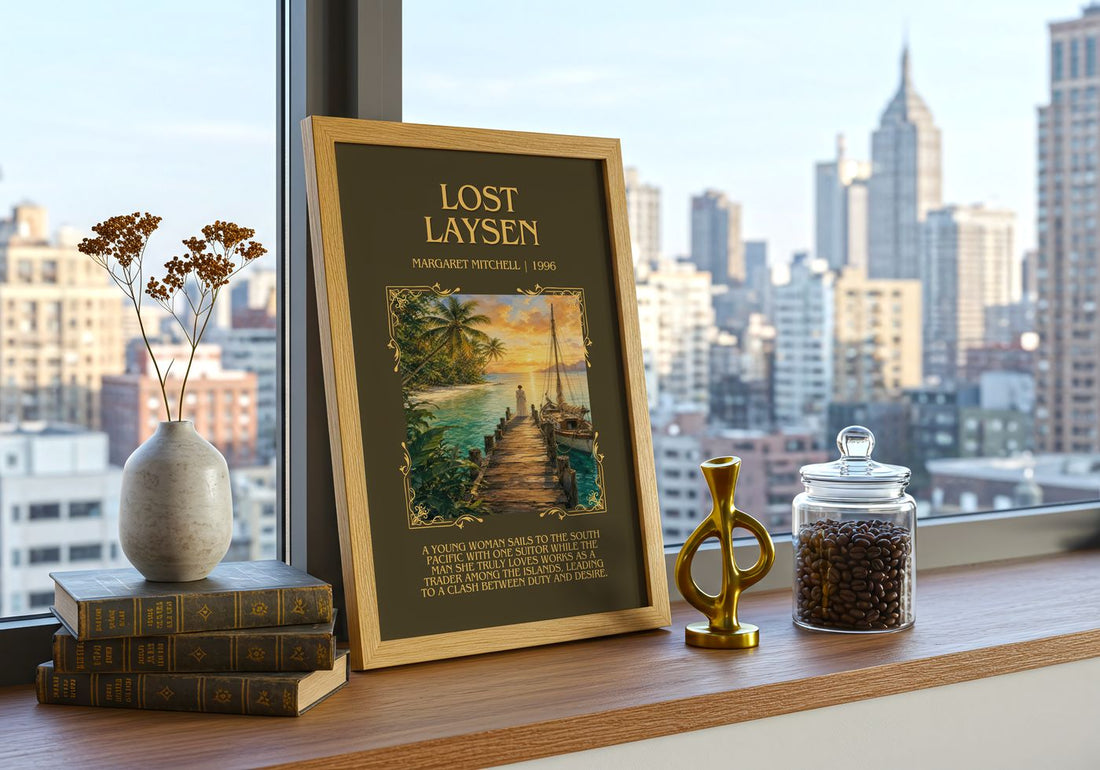Lost Laysen Minimalist Book Poster by Margaret Mitchell – framed print on a city-view windowsill