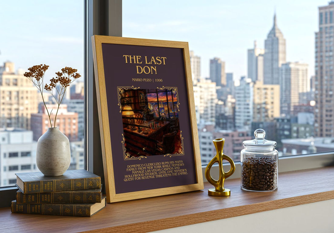 The Last Don Minimalist Book Poster by Mario Puzo – framed print on a city-view windowsill
