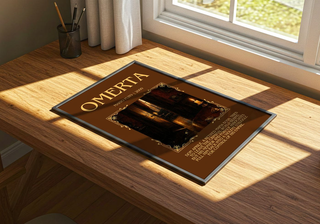 Omertà Minimalist Book Poster by Mario Puzo – print on a sunlit desk