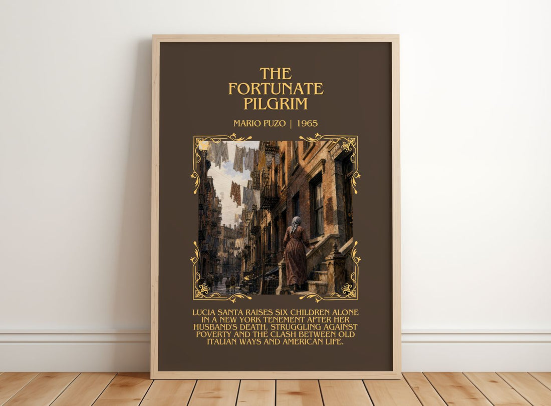The Fortunate Pilgrim Minimalist Book Poster by Mario Puzo – framed print leaning on a wooden floor