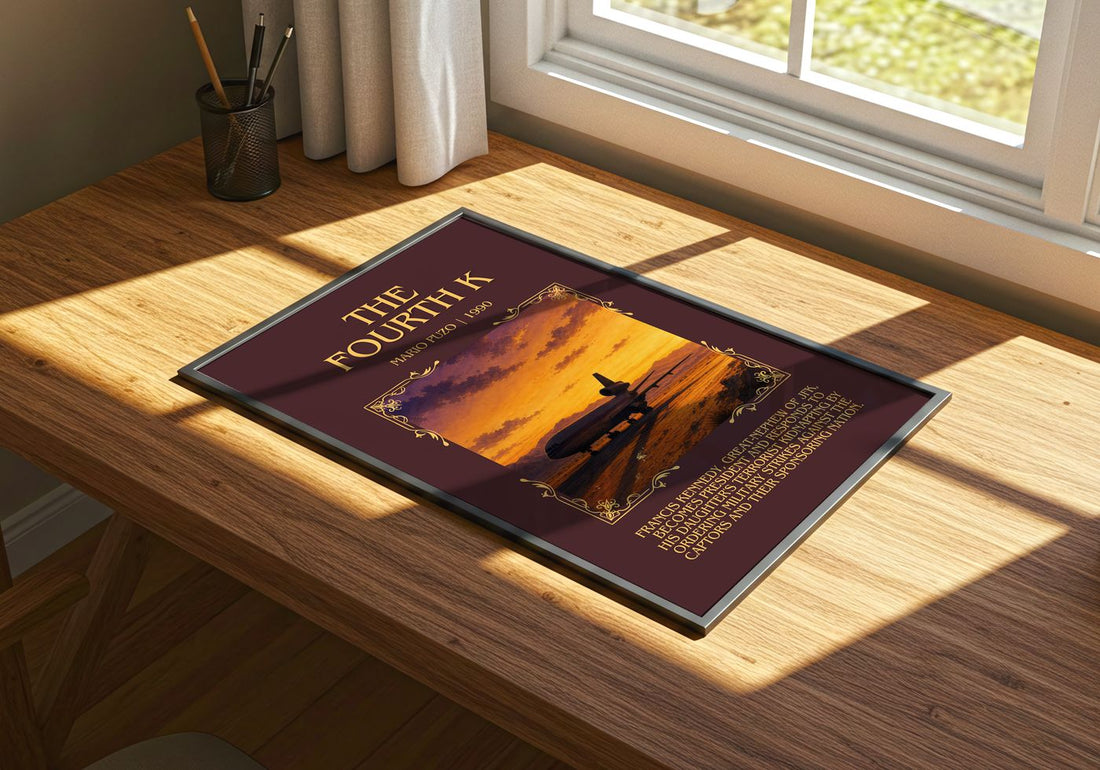 The Fourth K Minimalist Book Poster by Mario Puzo – print on a sunlit desk