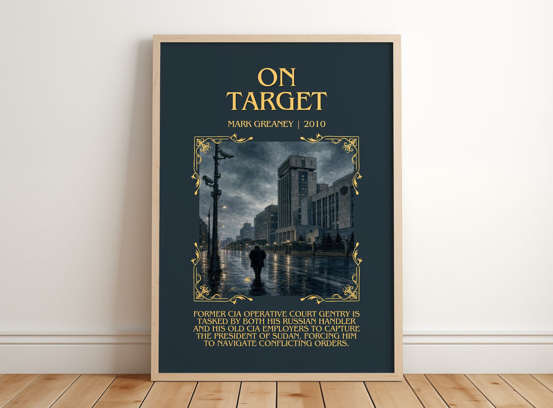 On Target Minimalist Book Poster by Mark Greaney – framed print leaning on a wooden floor