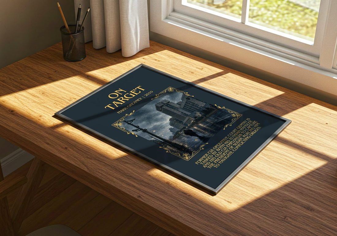 On Target Minimalist Book Poster by Mark Greaney – print on a sunlit desk
