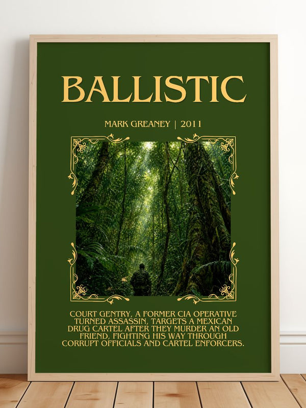 Ballistic Minimalist Book Poster by Mark Greaney – framed print leaning on a wooden floor