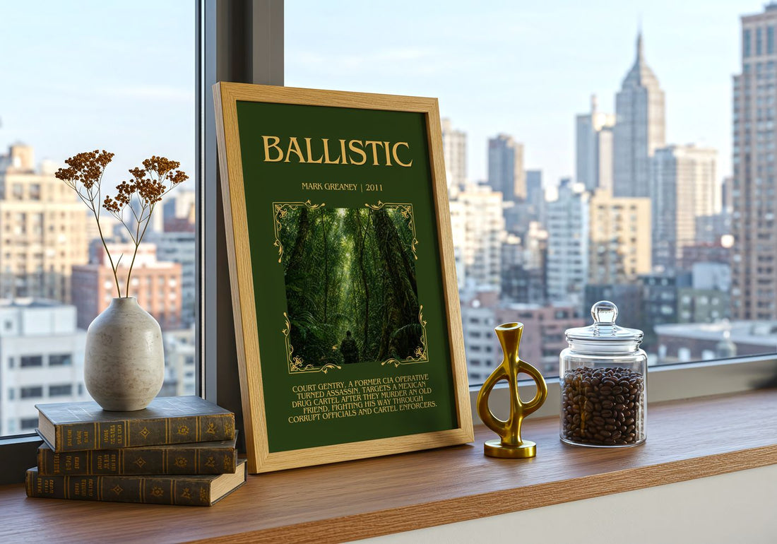 Ballistic Minimalist Book Poster by Mark Greaney – framed print on a city-view windowsill