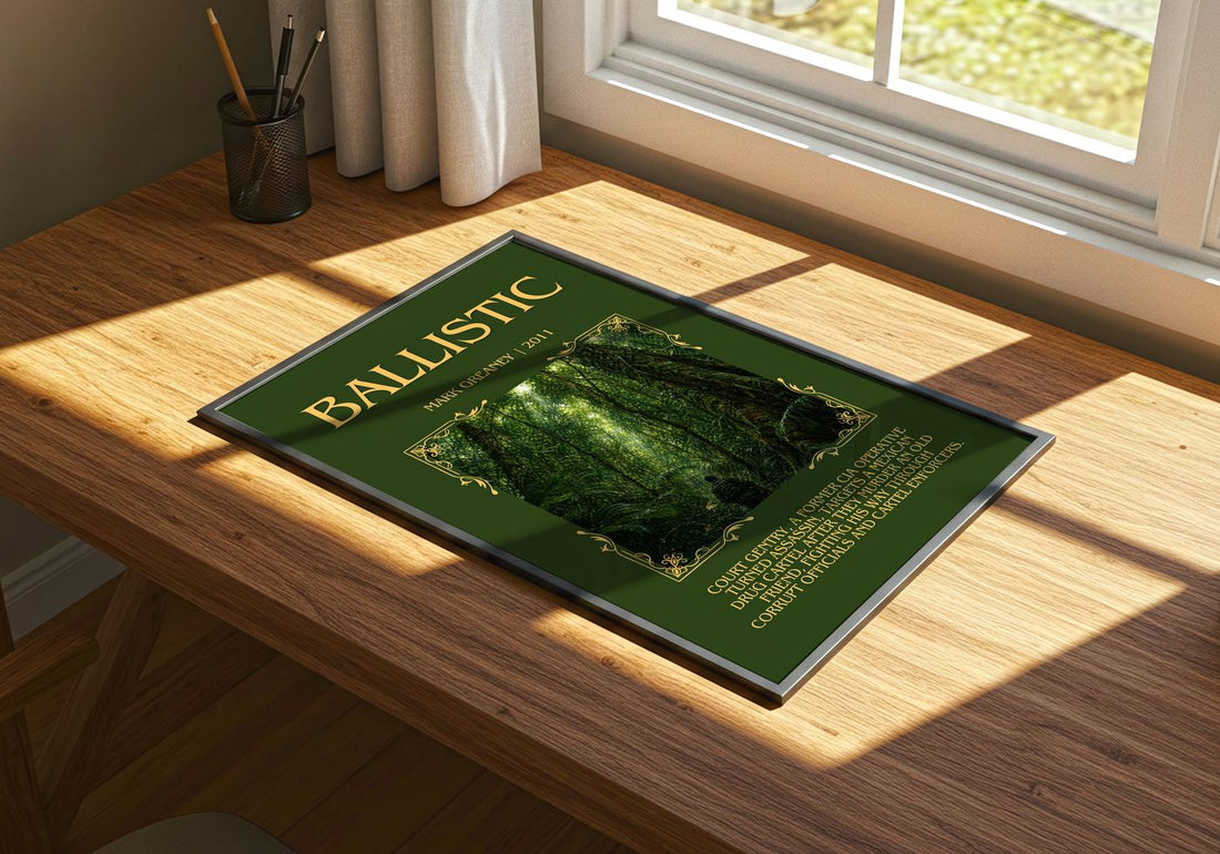 Ballistic Minimalist Book Poster by Mark Greaney – print on a sunlit desk