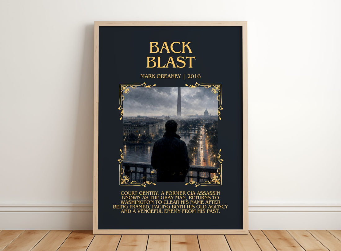 Back Blast Minimalist Book Poster by Mark Greaney – framed print leaning on a wooden floor