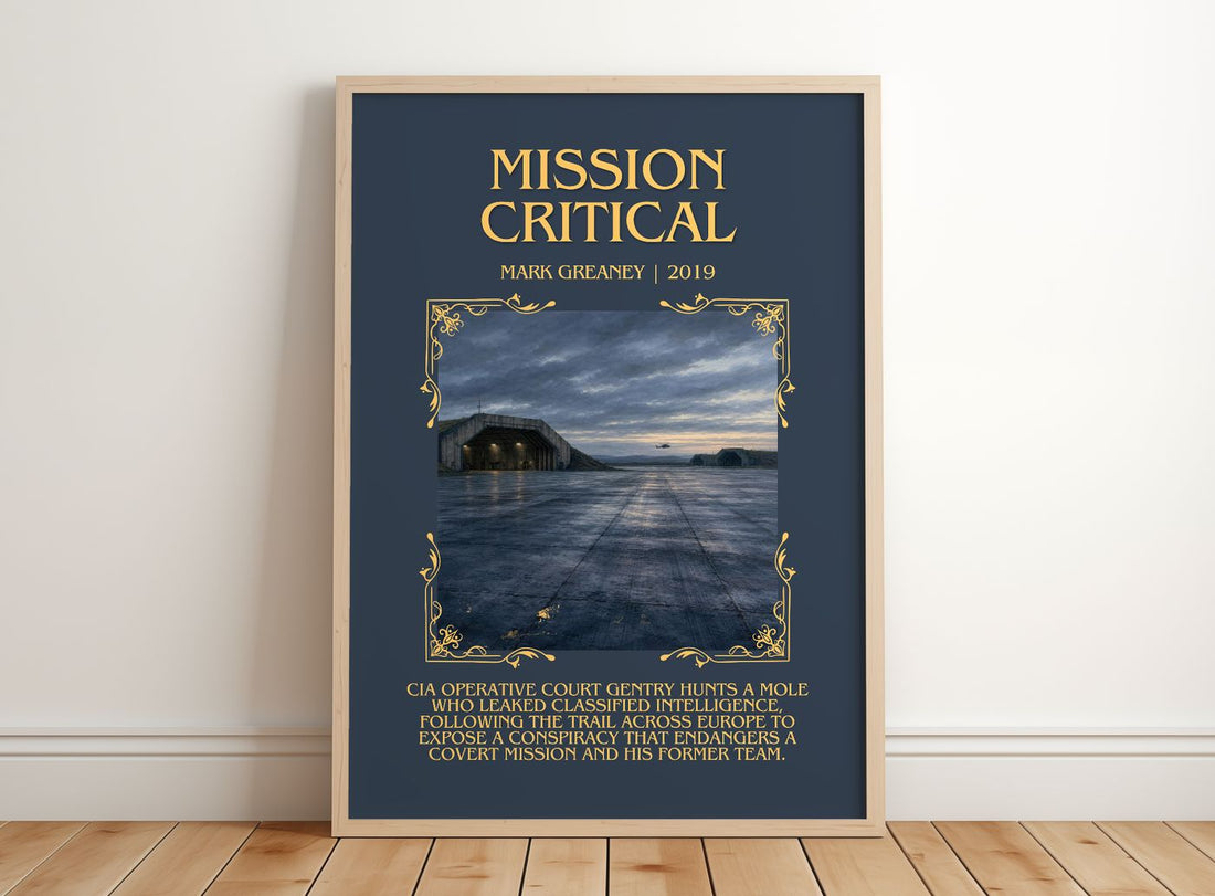 Mission Critical Minimalist Book Poster by Mark Greaney – framed print leaning on a wooden floor