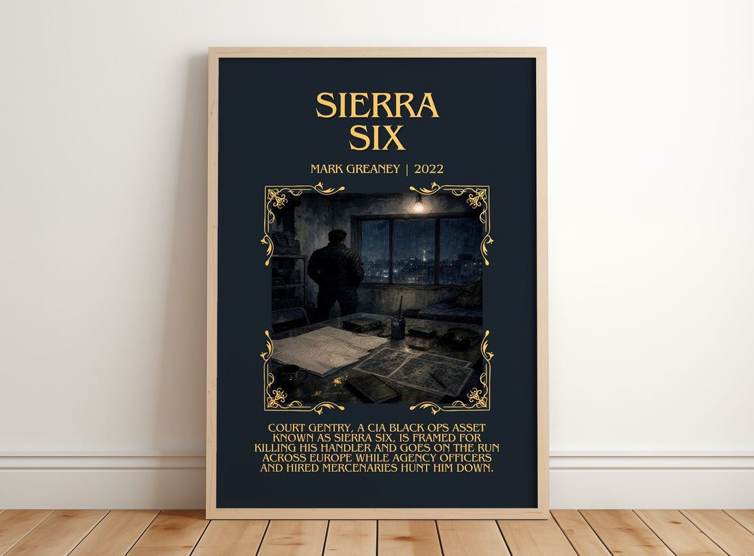 Sierra Six Minimalist Book Poster by Mark Greaney – framed print leaning on a wooden floor