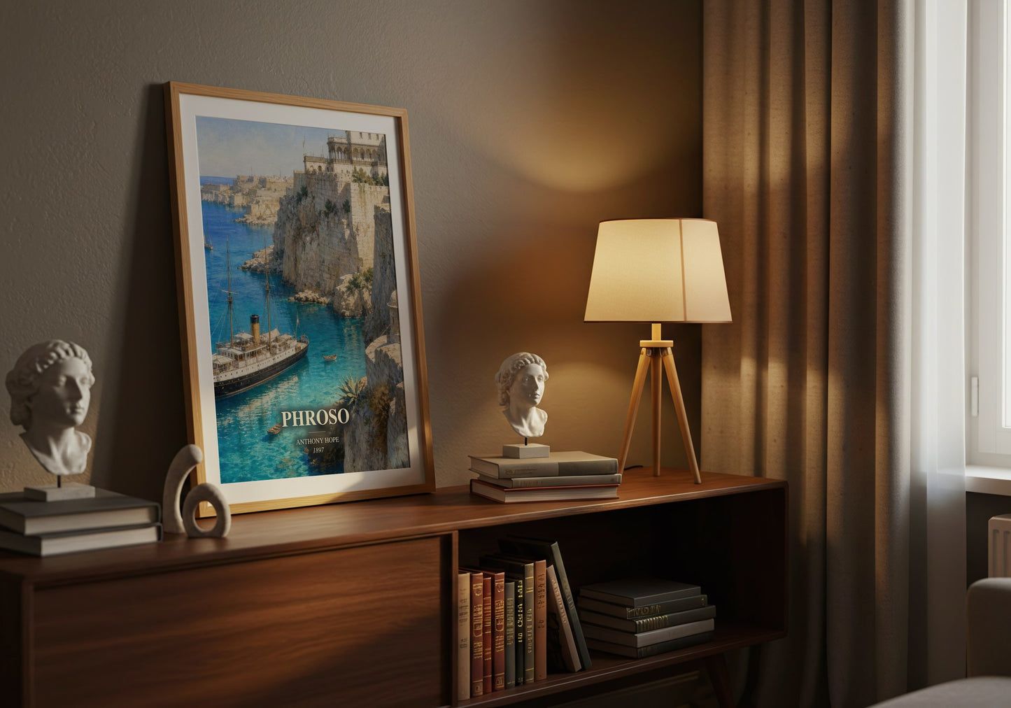 Phroso watercolour print on bookshelf – Anthony Hope fan gift