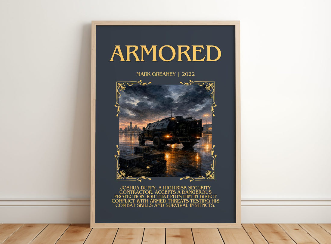 Armored Minimalist Book Poster by Mark Greaney – framed print leaning on a wooden floor