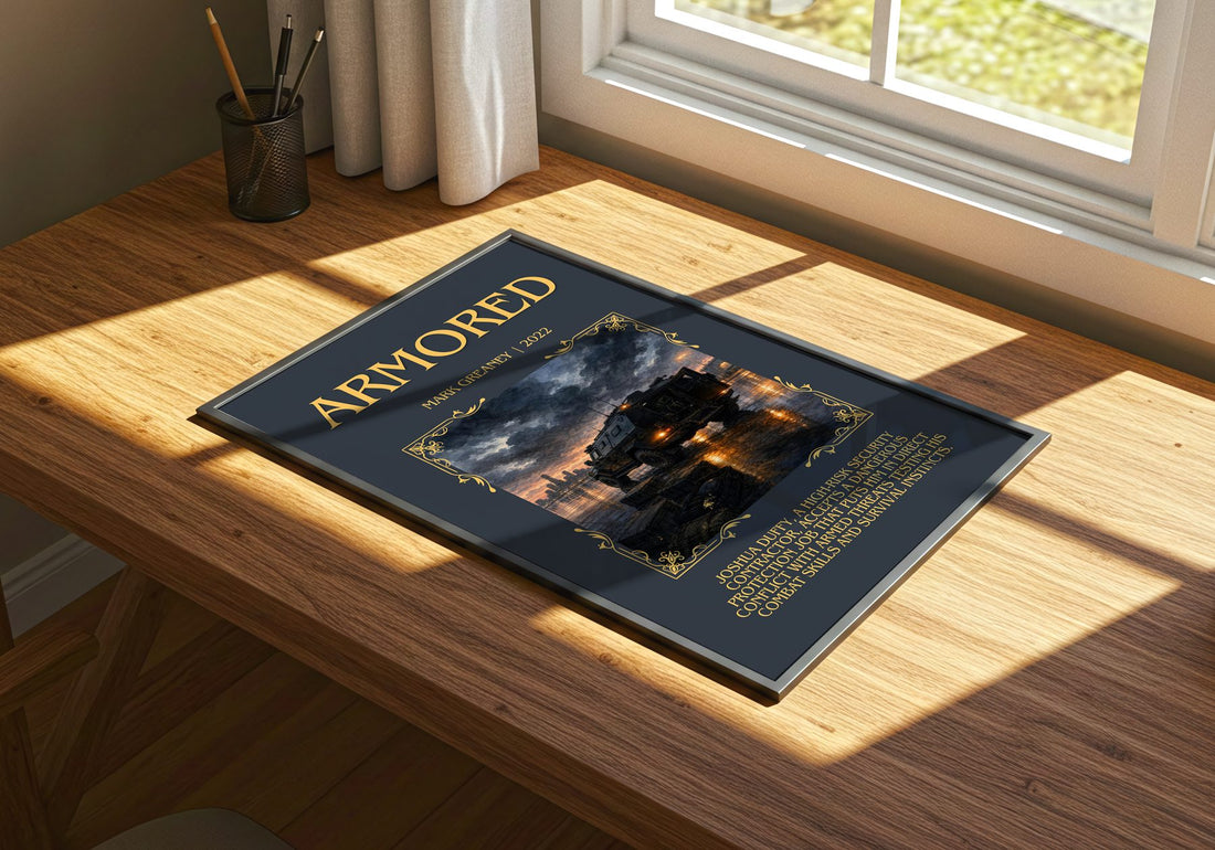 Armored Minimalist Book Poster by Mark Greaney – print on a sunlit desk