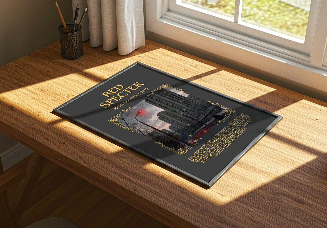 Red Specter Minimalist Book Poster by Mark Greaney – print on a sunlit desk