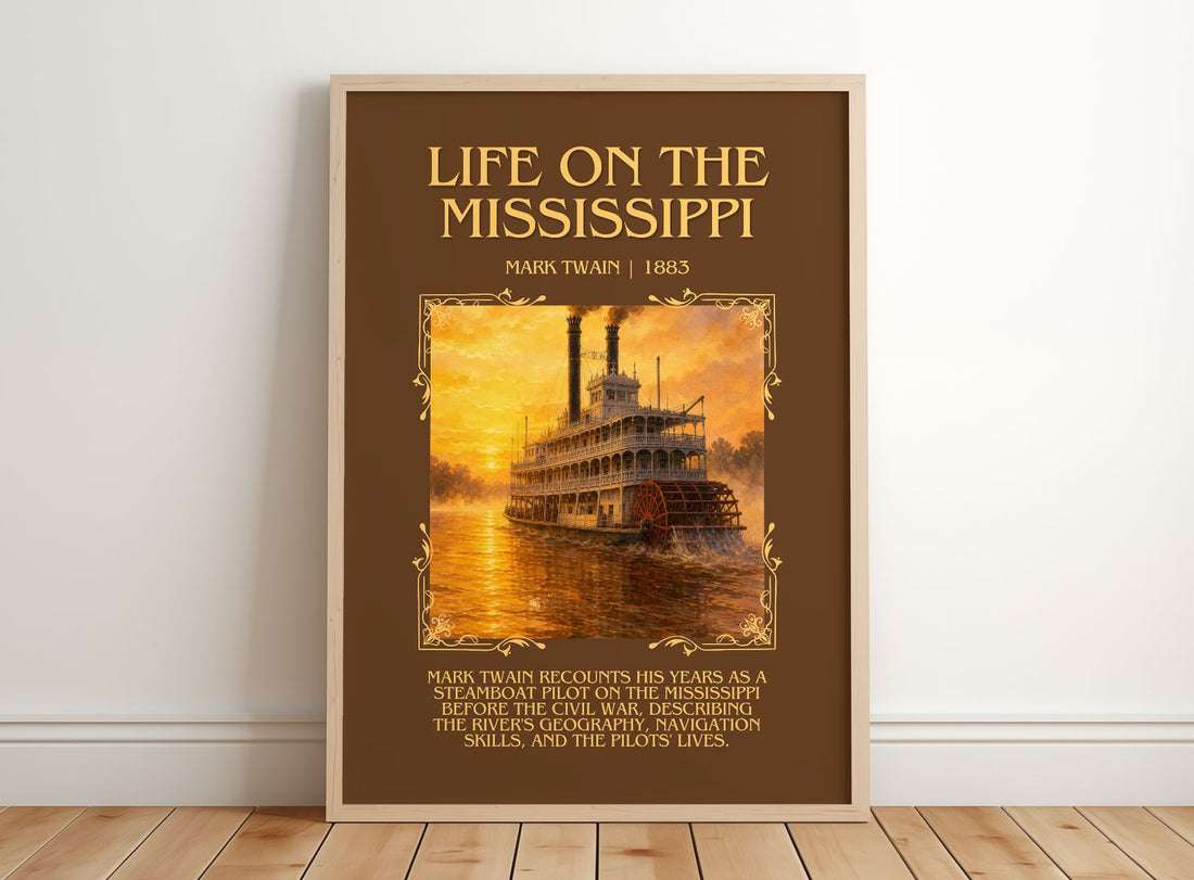 Life On The Mississippi Minimalist Book Poster by Mark Twain – framed print leaning on a wooden floor