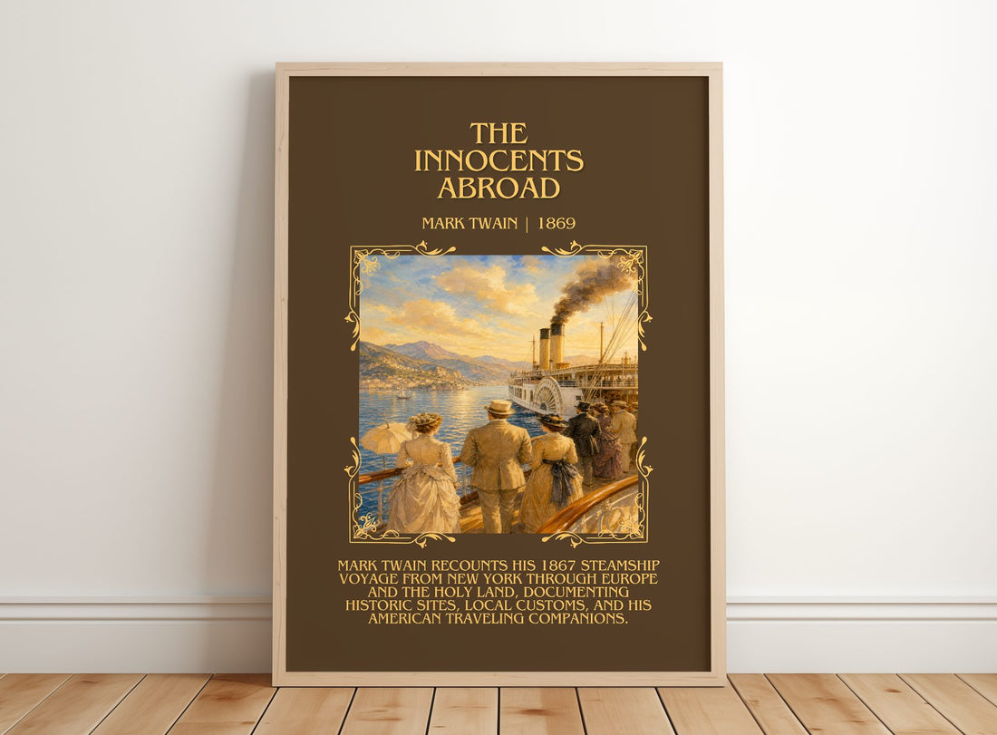 The Innocents Abroad Minimalist Book Poster by Mark Twain – framed print leaning on a wooden floor