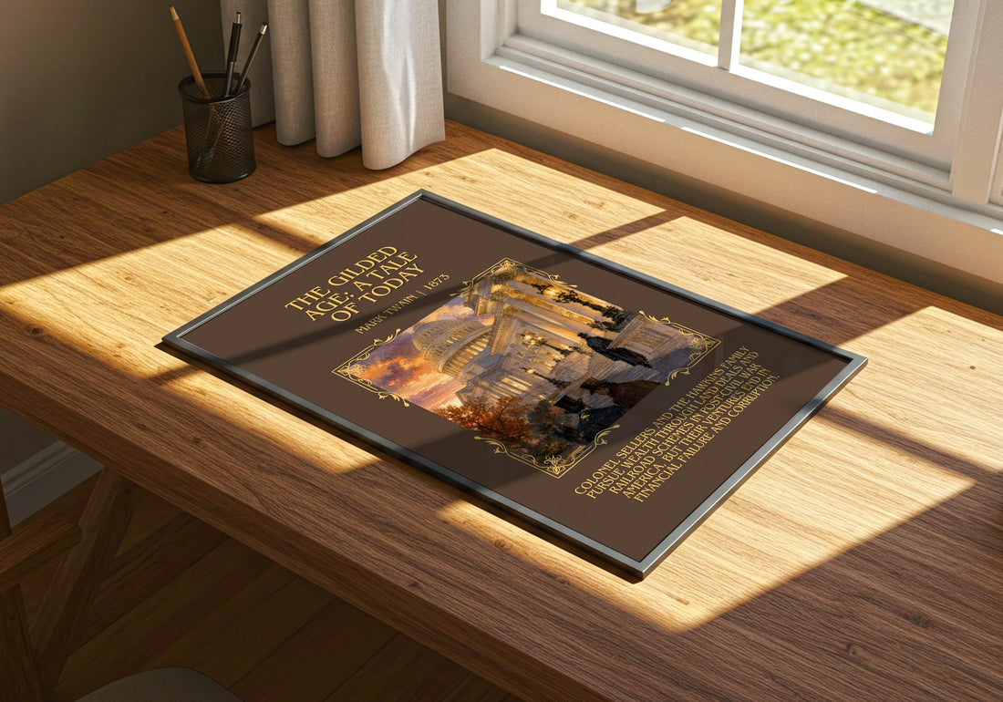 The Gilded Age: A Tale Of Today Minimalist Book Poster by Mark Twain – print on a sunlit desk