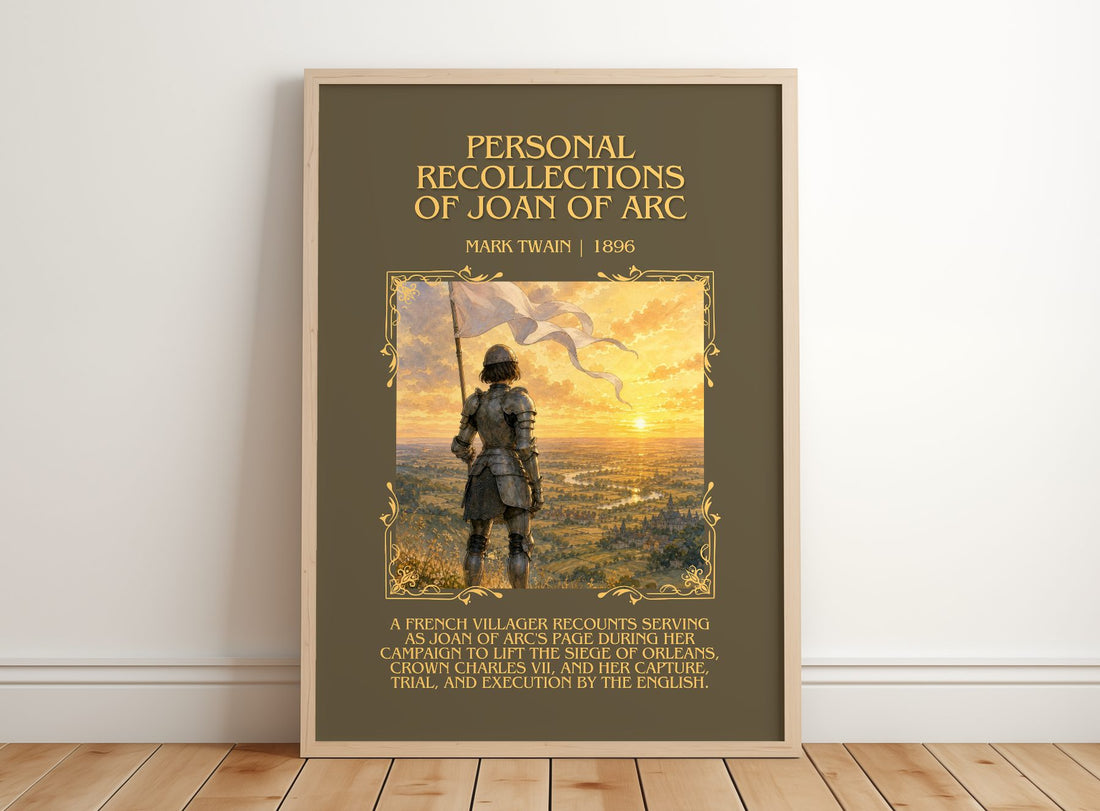 Personal Recollections Of Joan Of Arc Minimalist Book Poster – framed print leaning on a wooden floor