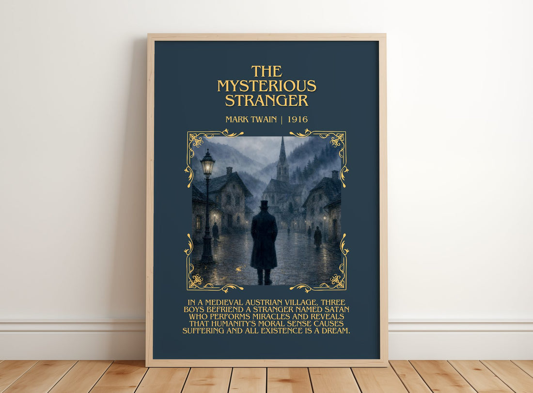 The Mysterious Stranger Minimalist Book Poster by Mark Twain – framed print leaning on a wooden floor