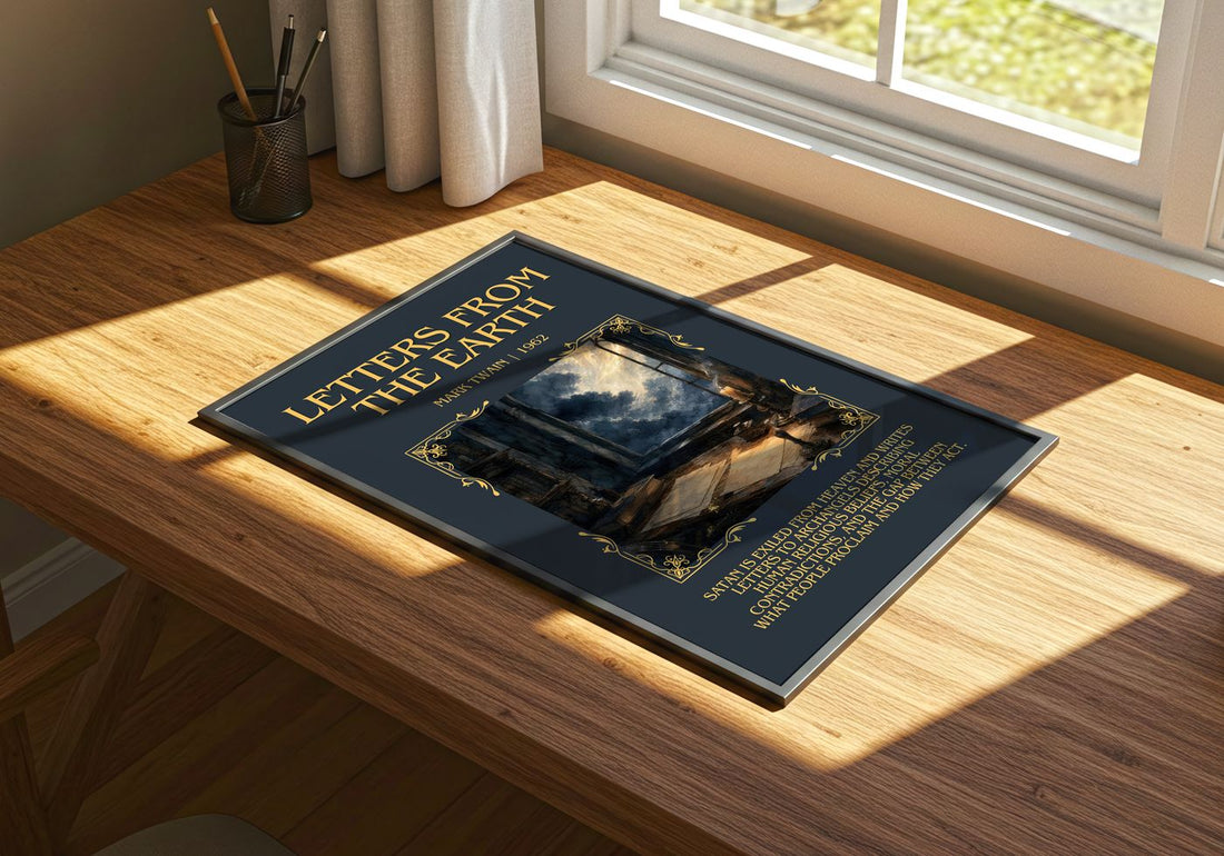 Letters From The Earth Minimalist Book Poster by Mark Twain – print on a sunlit desk