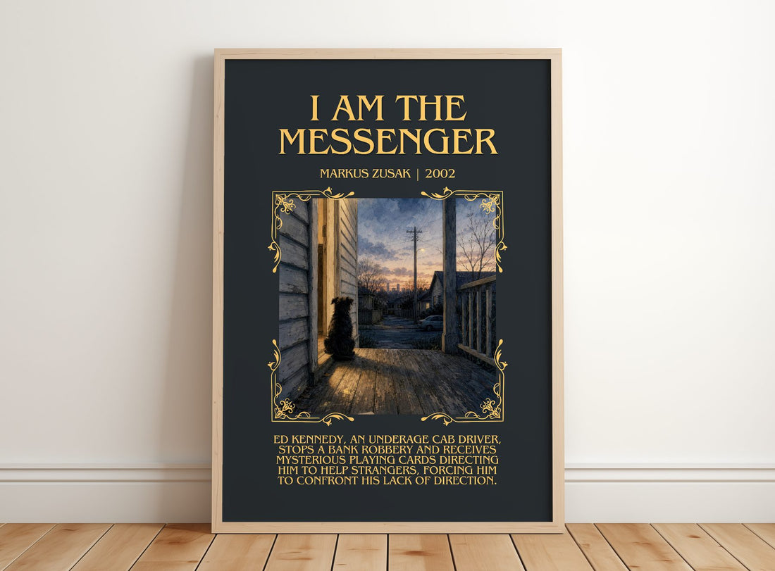 I Am The Messenger Minimalist Book Poster by Markus Zusak – framed print leaning on a wooden floor