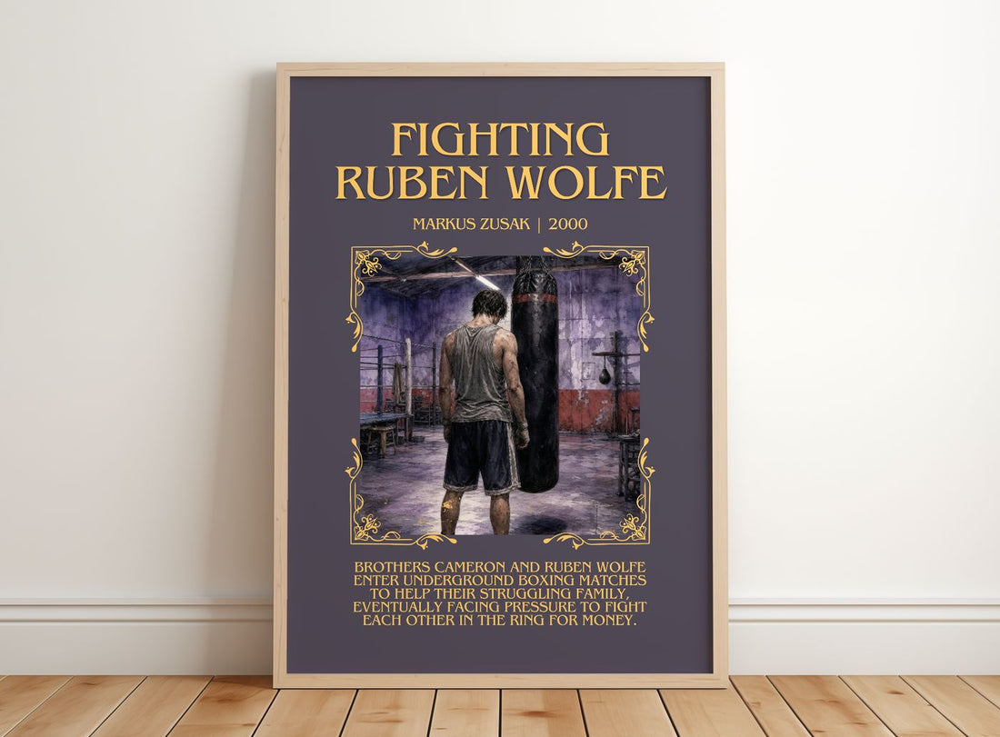 Fighting Ruben Wolfe Minimalist Book Poster by Markus Zusak – framed print leaning on a wooden floor