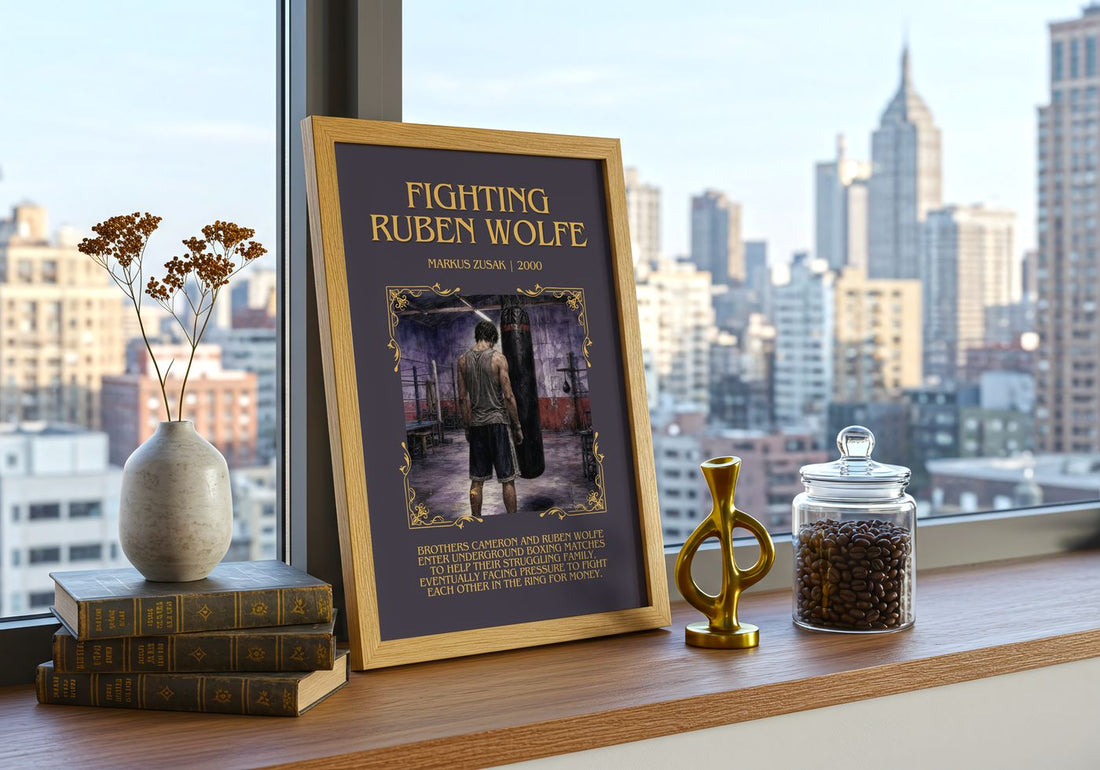 Fighting Ruben Wolfe Minimalist Book Poster by Markus Zusak – framed print on a city-view windowsill
