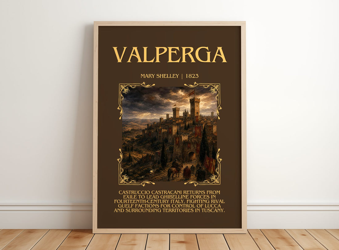 Valperga Minimalist Book Poster by Mary Shelley – framed print leaning on a wooden floor