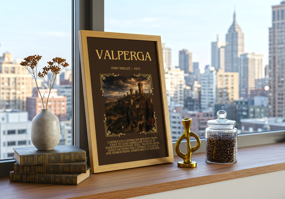 Valperga Minimalist Book Poster by Mary Shelley – framed print on a city-view windowsill