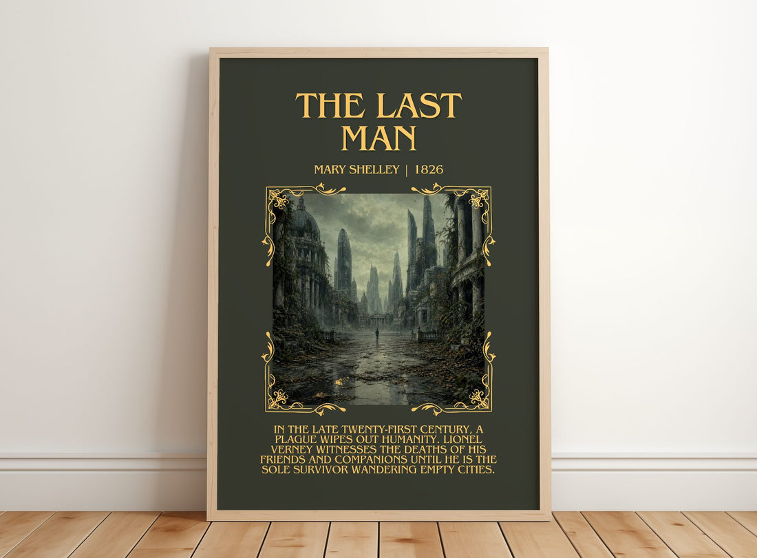 The Last Man Minimalist Book Poster by Mary Shelley – framed print leaning on a wooden floor
