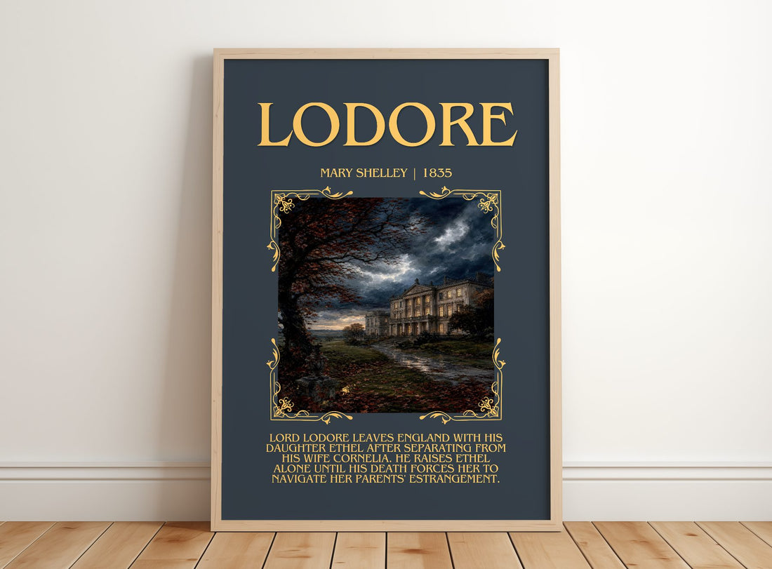 Lodore Minimalist Book Poster by Mary Shelley – framed print leaning on a wooden floor