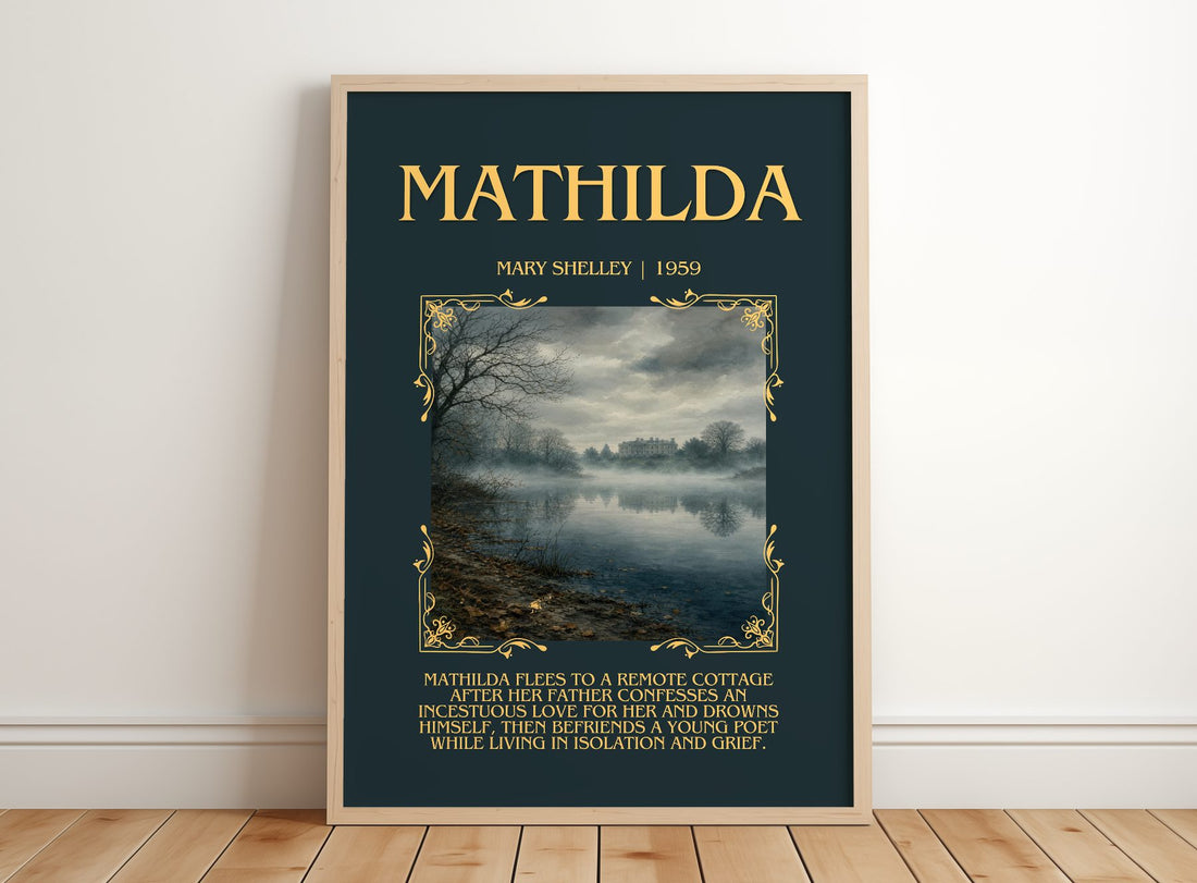 Mathilda Minimalist Book Poster by Mary Shelley – framed print leaning on a wooden floor