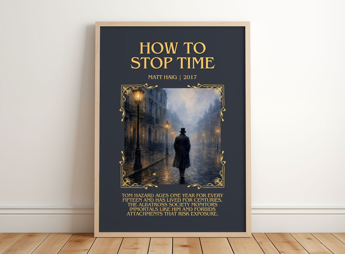 How To Stop Time Minimalist Book Poster by Matt Haig – framed print leaning on a wooden floor