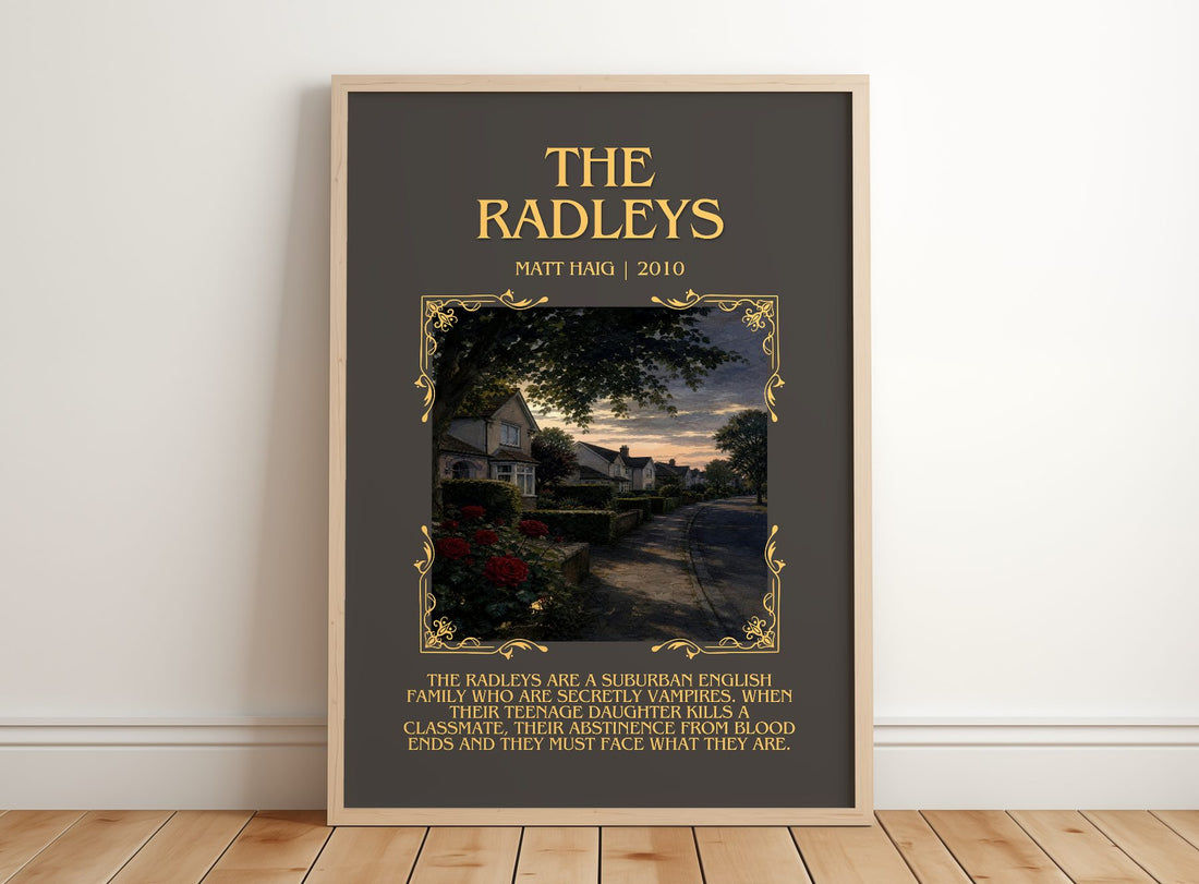 The Radleys Minimalist Book Poster by Matt Haig – framed print leaning on a wooden floor
