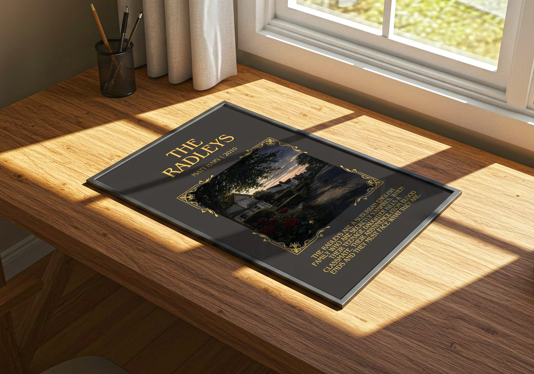 The Radleys Minimalist Book Poster by Matt Haig – print on a sunlit desk