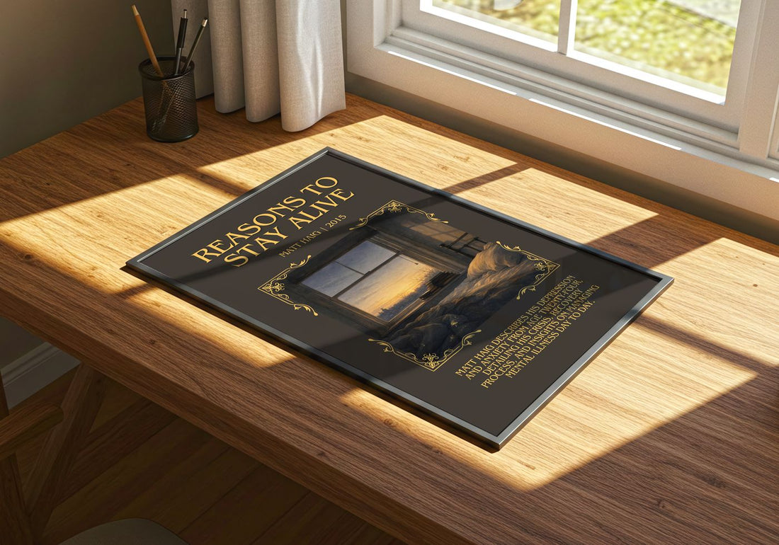 Reasons To Stay Alive Minimalist Book Poster by Matt Haig – print on a sunlit desk