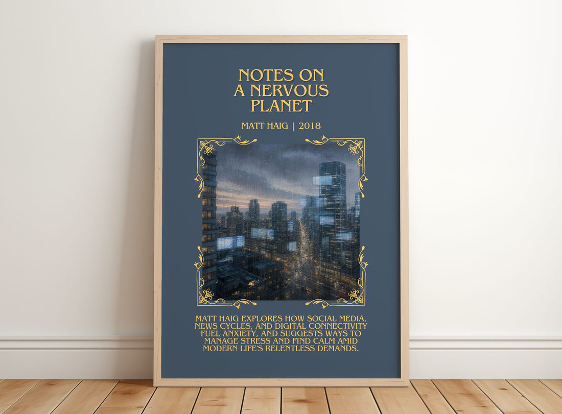 Notes On A Nervous Planet Minimalist Book Poster by Matt Haig – framed print leaning on a wooden floor