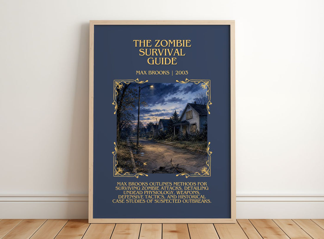 The Zombie Survival Guide Minimalist Book Poster by Max Brooks – framed print leaning on a wooden floor