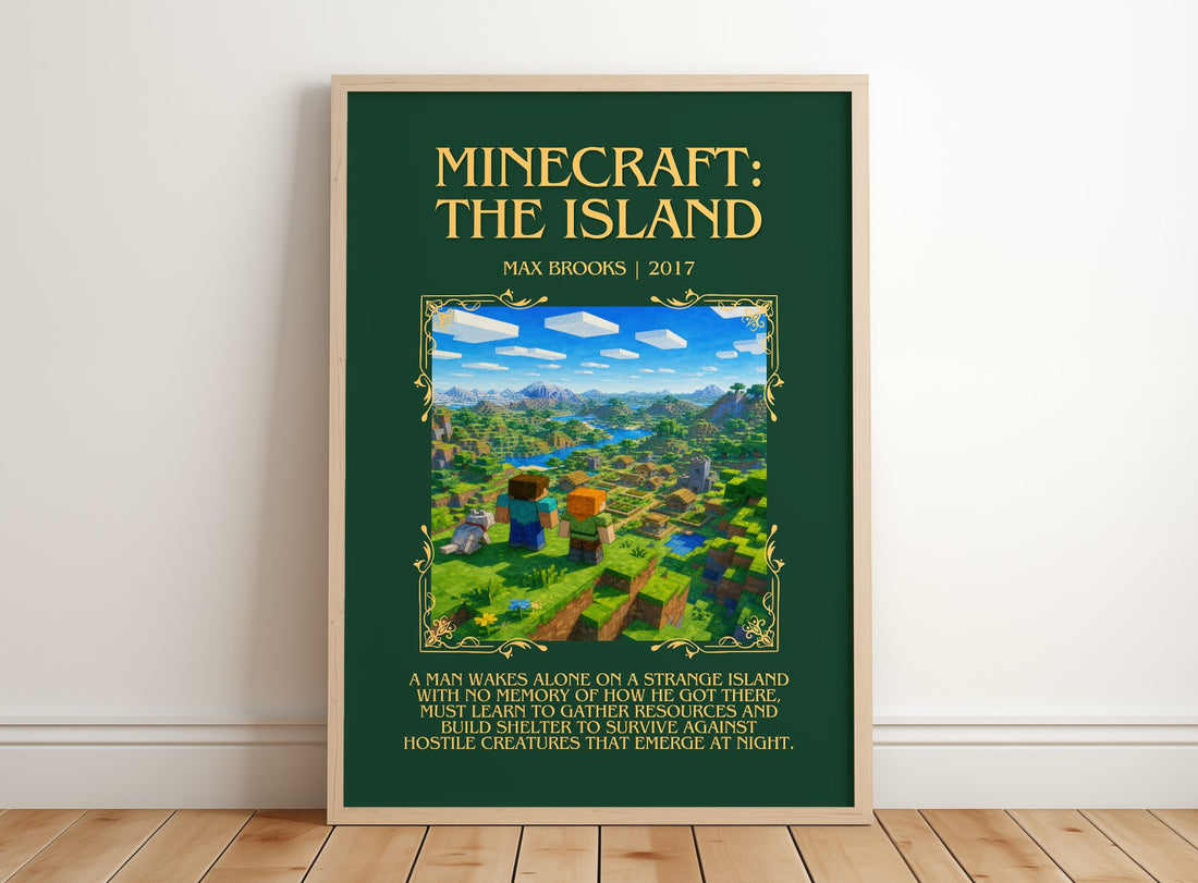 Minecraft: The Island Minimalist Book Poster by Max Brooks – framed print leaning on a wooden floor