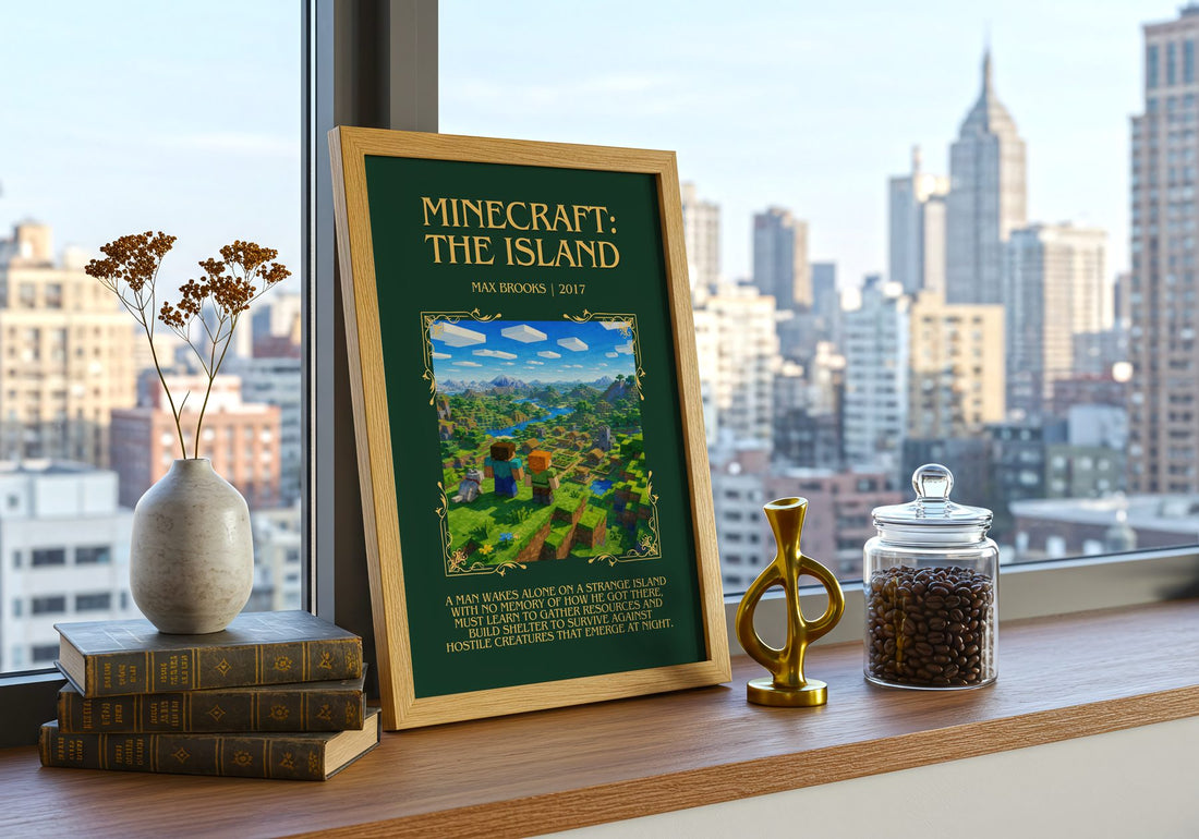 Minecraft: The Island Minimalist Book Poster by Max Brooks – framed print on a city-view windowsill