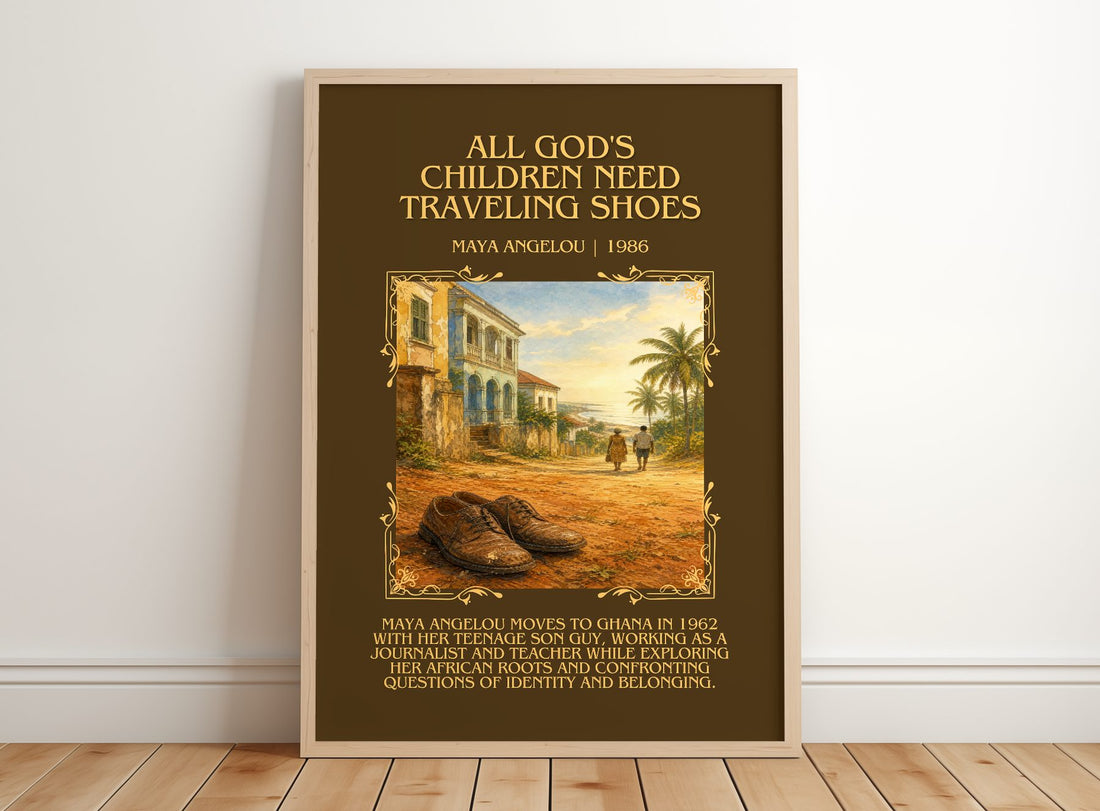 All God'S Children Need Traveling Shoes Minimalist Book Poster – framed print leaning on a wooden floor