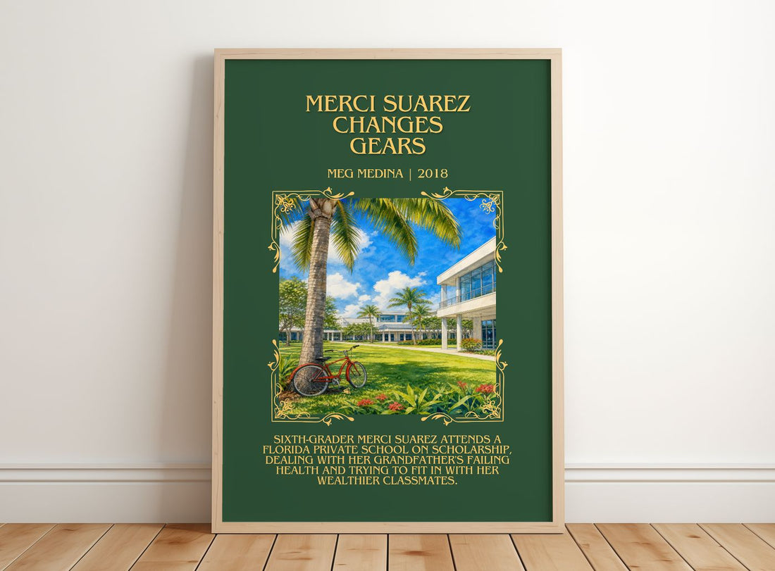 Merci Suárez Changes Gears Minimalist Book Poster by Meg Medina – framed print leaning on a wooden floor