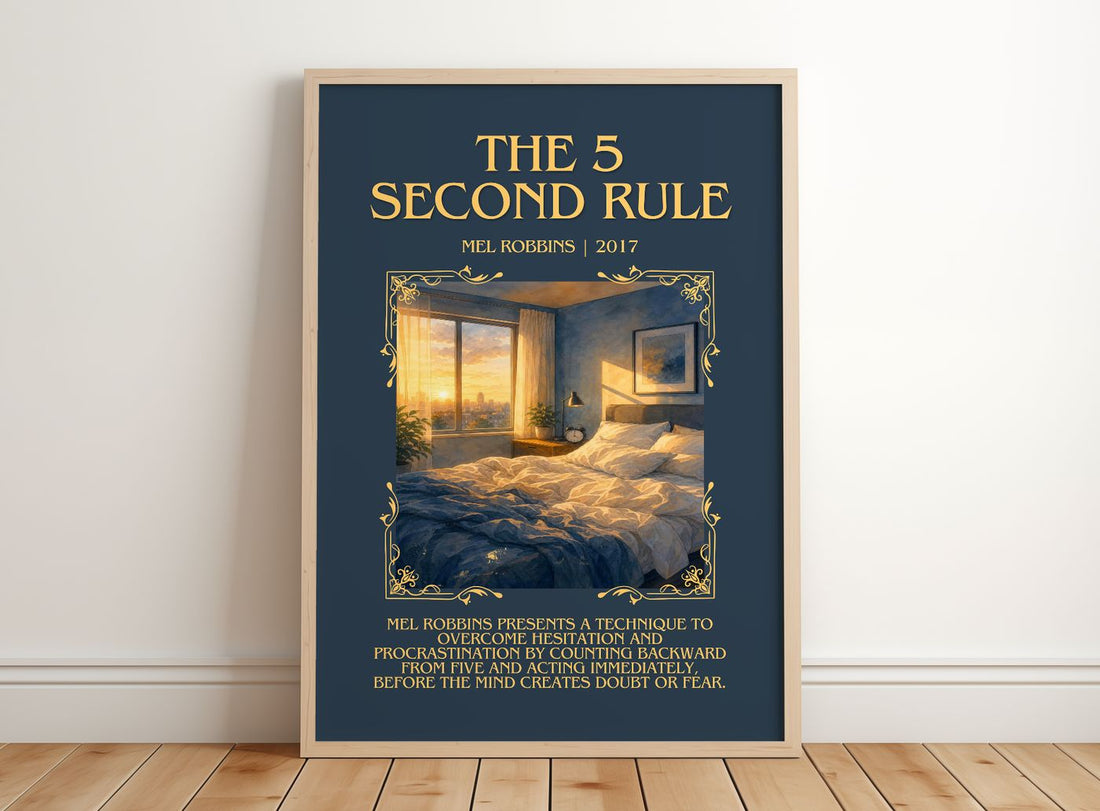 The 5 Second Rule Minimalist Book Poster by Mel Robbins – framed print leaning on a wooden floor
