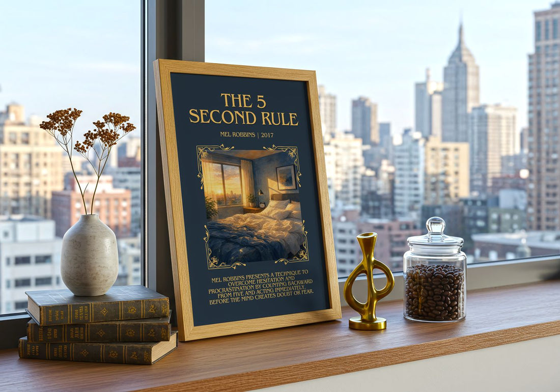 The 5 Second Rule Minimalist Book Poster by Mel Robbins – framed print on a city-view windowsill