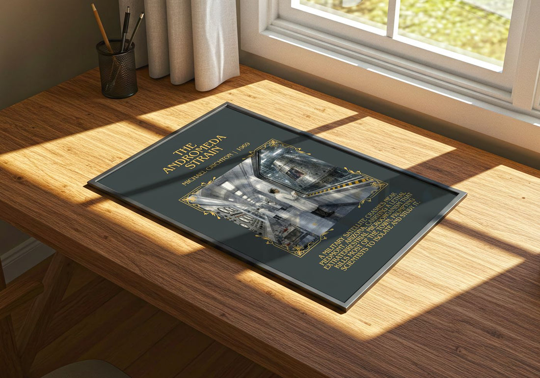 The Andromeda Strain Minimalist Book Poster by Michael Crichton – print on a sunlit desk