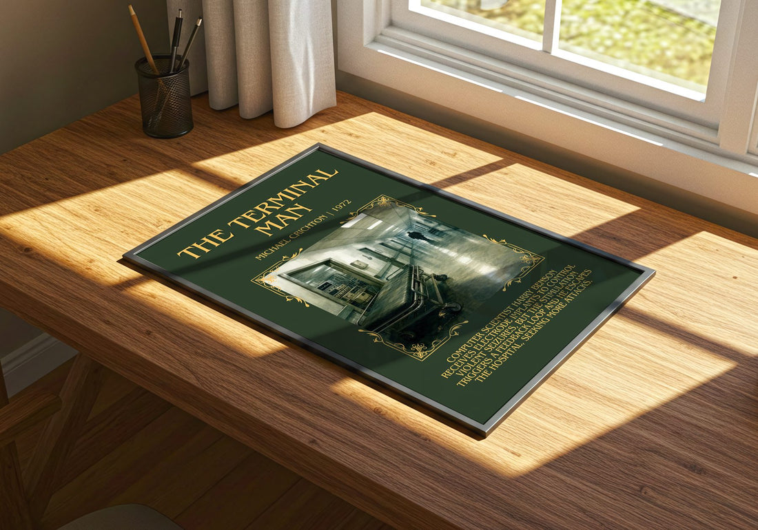 The Terminal Man Minimalist Book Poster by Michael Crichton – print on a sunlit desk